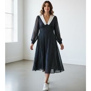 Rihoas Polka Dot Midi Dress Medium Peter Pan Puritan Collar Navy Blue White